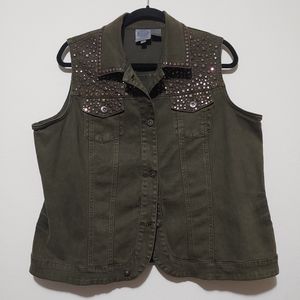 DG2 by Diane Gilman Army Green Studded Jean Vest, Size XL, D03-0201